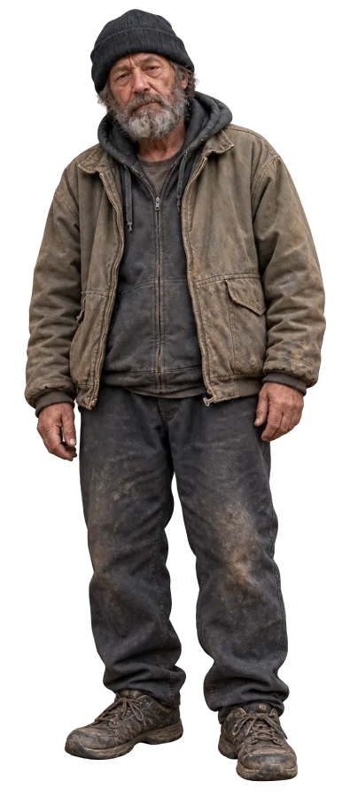 Louis Futon, a bearded man in a black beanie, olive jacket and worn boots